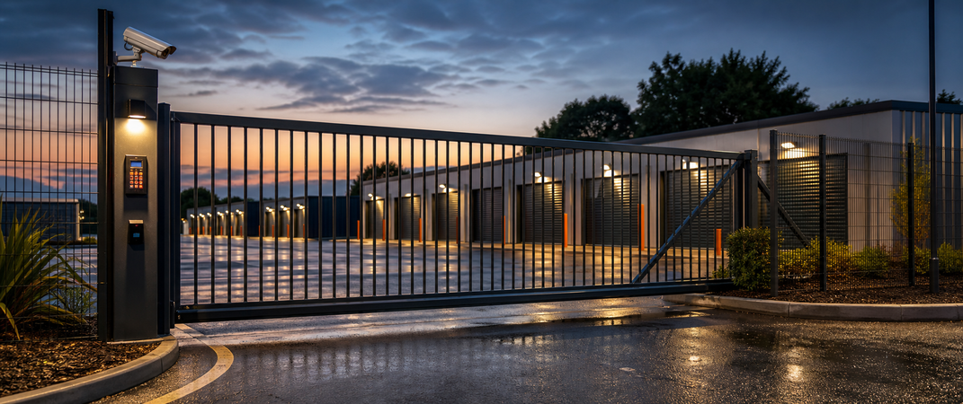 Secure UK self-storage gate with access control at dusk.