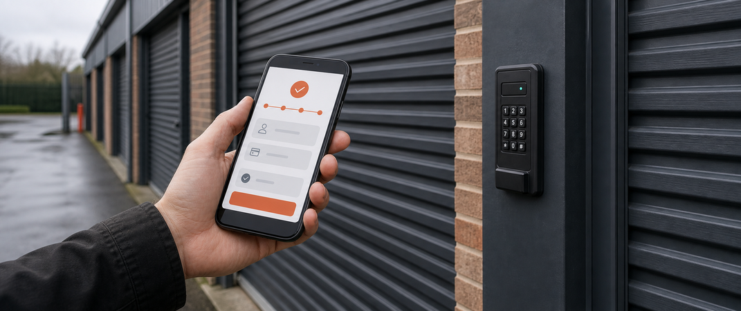 Tenant using a phone and keypad for self-storage self-check-in.