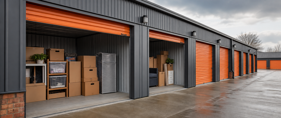 UK self-storage units with boxes filling open bays.